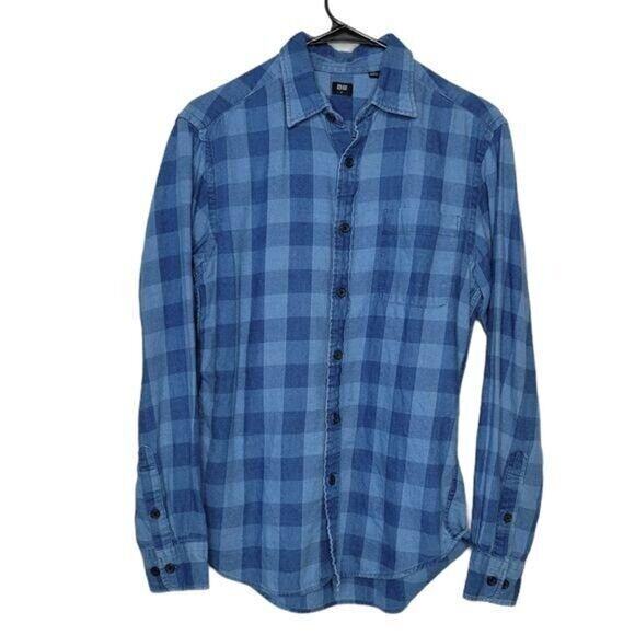 Uniqlo Blue Long Sleeve 100% Cotton Plaid Button Down Shirt Men's Small - Picture 1 of 6